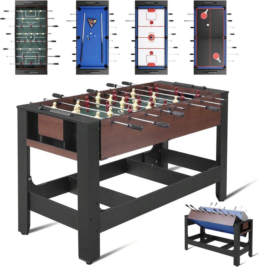 Multi Game Table Indoor Arcade Combo Set For Kids And Adults, Four In One Rotating Table Football Billiards Air Hockey Table Tennis, Sturdy Wooden Frame With Adjustable Leg Levelers Complete Accessories, Brown - Grey-brown Wood Grain - View 1