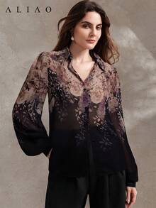 ALIAO Spring/Autumn Black Base Apricot & Purple Floral Print Sheer Long Sleeve Blouse, Casual Vacation Style For Daily Wear And Outings Summer - Apricot Purple On Black - View 6