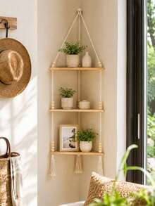 1pc Bohemian Style Handmade Woven Beige Rope Hanging Triangle Shelf, Bedroom Bathroom Office Living Room Decor Storage Rack, Home Wall Decoration, Easy Installation, Suitable For All Seasons, Birthday Graduation Gift, Christmas Halloween Gift - Beige - View 14