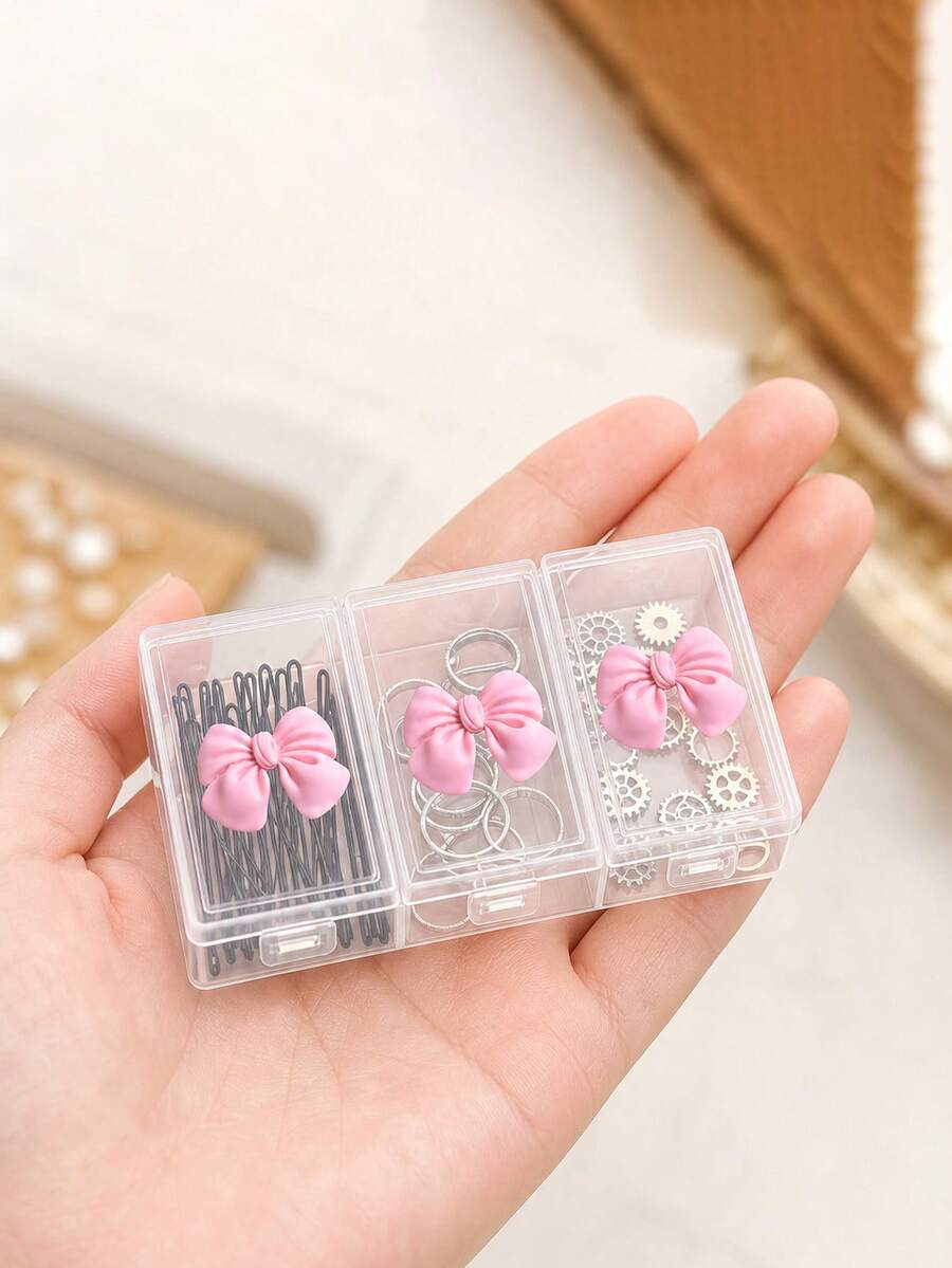 Single 3-Compartment Tool Organizer Box With Bow Decor, Unique Design, Jewelry Bead Packaging Box, Storage Divider Box, Independent Flip Lid Sorting Box, Fishing Tackle Storage Box, Nail Art Storage Box, Hardware Storage Box, Gift For Her - Multicolor - View 1