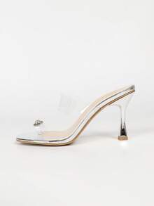 Women Square Toe Clear PVC Strap Stiletto Mules, Pearl Decor Slip On Slide Sandals, Silver Open Toe High Heels For Evening Party Daily Wear - Silver - View 8