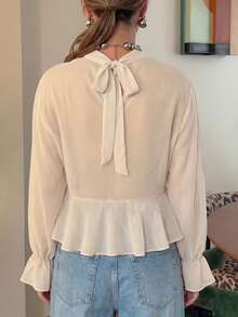 Stand Collar Flared Sleeve Ruffle Hem Crop Top, Elegant Solid Color Layered Ruffle Short Blouse - Apricot - View 4