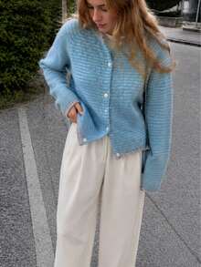 Cardigan Sweater Wanita Desain Garis-Garis Vintage Kasual Minimalis Musim Gugur/Dingin Terbaru - Biru - View 3