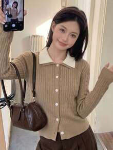 Autumn/Winter Retro Preppy Contrast Color Polo Collar Cable Knit Long Sleeve Cardigan Women Khaki Slim Fit Cropped Jacket Commute Date Halloween Fall - Camel - View 6