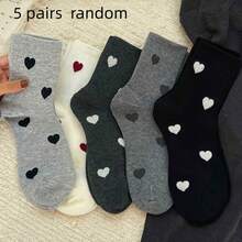 5 Pairs Random Color Strawberry Double Heart Pattern Spring/Autumn Women's Mid-Calf Socks, Lightweight Breathable All-Season Multi-Color Options, Casual Daily Wear, Hand Wash/Dry Clean, Cute Breathable Fabric Socks - Multicolor - View 9