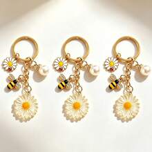 1 Set 3pcs Women's Ins Style Yellow Heart Transparent Daisy Flower Pendant With Rhinestone Bee Charm Faux Pearl Pendant Fresh Bag & Key Chain - Multicolor - View 2
