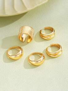 12/5pcs Gold Bohemian Vacation Style Women's Rings Set, Floral Geometric Asymmetrical Shape Multi-Layer Casual Daily Versatile Rings, Suitable For Vacation, Photography, Daily Wear, Dating - Yellow Gold - View 5