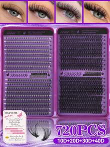 720/666/648/180 Clusters D Curl Single Strand False Eyelashes, Large Capacity, Suitable For Beginners, Long-Lasting Thick And Fluffy, Big Eye Makeup, Classic Realistic Bundled False Eyelashes, Includes Adhesive, Sealer, Tweezers, Brush - Purple - View 22