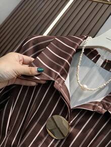 Summer Yellow Striped Waist-Cinching Shirt, Casual Commuter Style, Button-Front Versatile Top - Multicolor - View 2