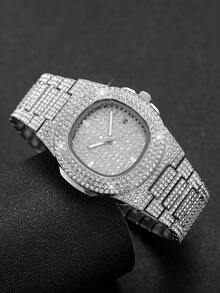 Men's Hip Hop Full Rhinestone Square Dial Calendar Quartz Watch + Hip Hop Full Rhinestone Bracelet, Boyfriend Gift (2pcs/Set) Watch Box Not Included - Silver - View 7