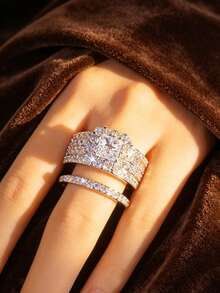 Yayi jewelry 2PCS Women's Fashion Luxury Minimalist Elegant Multi-Layer Full Zirconia Stackable Rings, Perfect Gift For Engagement, Proposal, Wife, Lover, Mother, Friend - White - View 6