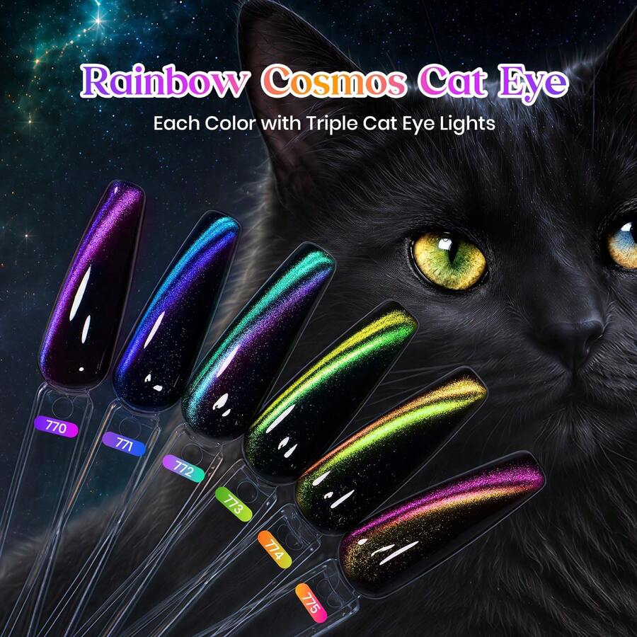 Beetles 6 Colors Chameleon Cat Eye Gel Nail Polish Set, Rainbow Cosmos Double-Light Magnetic Effect With 2 Magnets & Star Stickers, Soak Off UV Nail Art For Home Manicure & Gifts For Women - 6 Colors Chameleon Cat Eye - 查看 1
