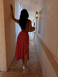 Summer Sexy Camisole 2 Pieces Set, Asymmetrical Slit Skirt Outfit Red Elegant - Red - View 2