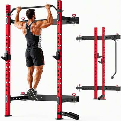 Squat Rack 1100 Lbs Adjustable Folding Wall Mounted Landmine Home Gym
