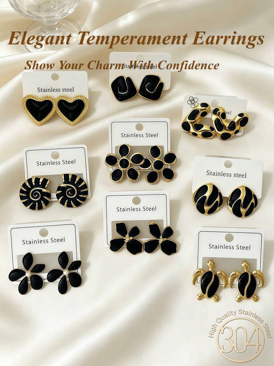 18pcs/9 Pairs, Stainless Steel Hypoallergenic Friendly, Black Drip Oil Earrings Set, Styles Include Geometric, Heart, Floral Designs, Perfect For Women's Daily Wear Or Party Outfits, Best Gift Choice For Mother, Friends On Christmas - Oil Dripping Kit - View 1