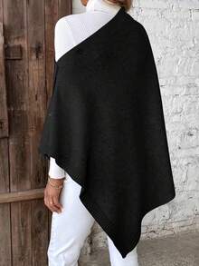 Women's Asymmetric Hem Knit Cape Sweater, Solid Color High Neck Side Button Detail Shawl Cape, This Versatile Shawl Can Be Styled In Multiple Ways Throughout The Year, Elegant Design, Solid Color Fabric, With Buttons, Suitable For Wearing In Air-Conditioned Environments. - Black - View 2