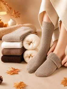 3/6 Pasang Kaos Kaki Wanita Setengah Betis, Warna Polos, Lapisan Bulu Hangat, Pakaian Rumahan Pasca Melahirkan, Musim Gugur/Dingin - MultiWarna - View 2