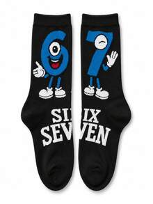 1 Pair Of Men Crew Sock, Cartoon Number 6 7 Character Graphic Socks, Soft Breathable Fall Winter, Halloween Christmas Gift For Son And Boyfriend - Multicolor - View 3