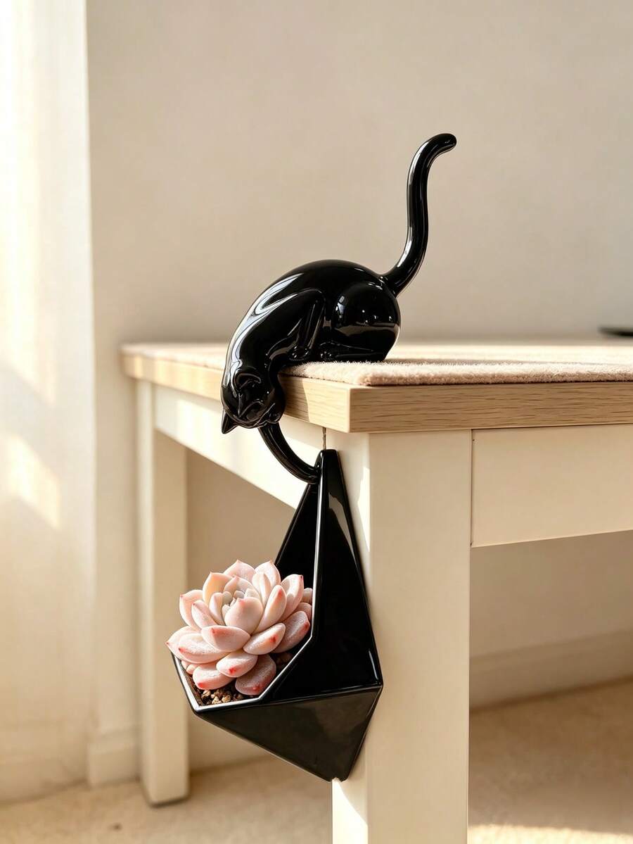 1pc Cute Hanging Cat-Shaped Succulent Planter, 3D Printed Kitten Desk Flower Pot, Minimalist Style Desktop Plant Stand, Creative Home Decor - A - View 1