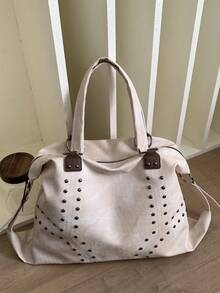 Fashion Solid Color Large Capacity Commuter Practical Handbag, Elegant Versatile Rivet Inlaid Textured Women's Shoulder Bag, Suitable For Shopping, Wallet, Shopping, Young Women, College Students, Newcomers, White-Collar Workers. They Are Perfect For Office, University, Work, Business, Commuting, Outdoor Activities, Travel And Outings - Beige - View 4