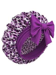 Leopard Print Satin Sleep Bonnet With Bow,Stretch Hair Wrap Cap,Soft Satin Night Hair Protection Bonnet For Natural Curly Hair Women,Back To School - Multicolor - View 16