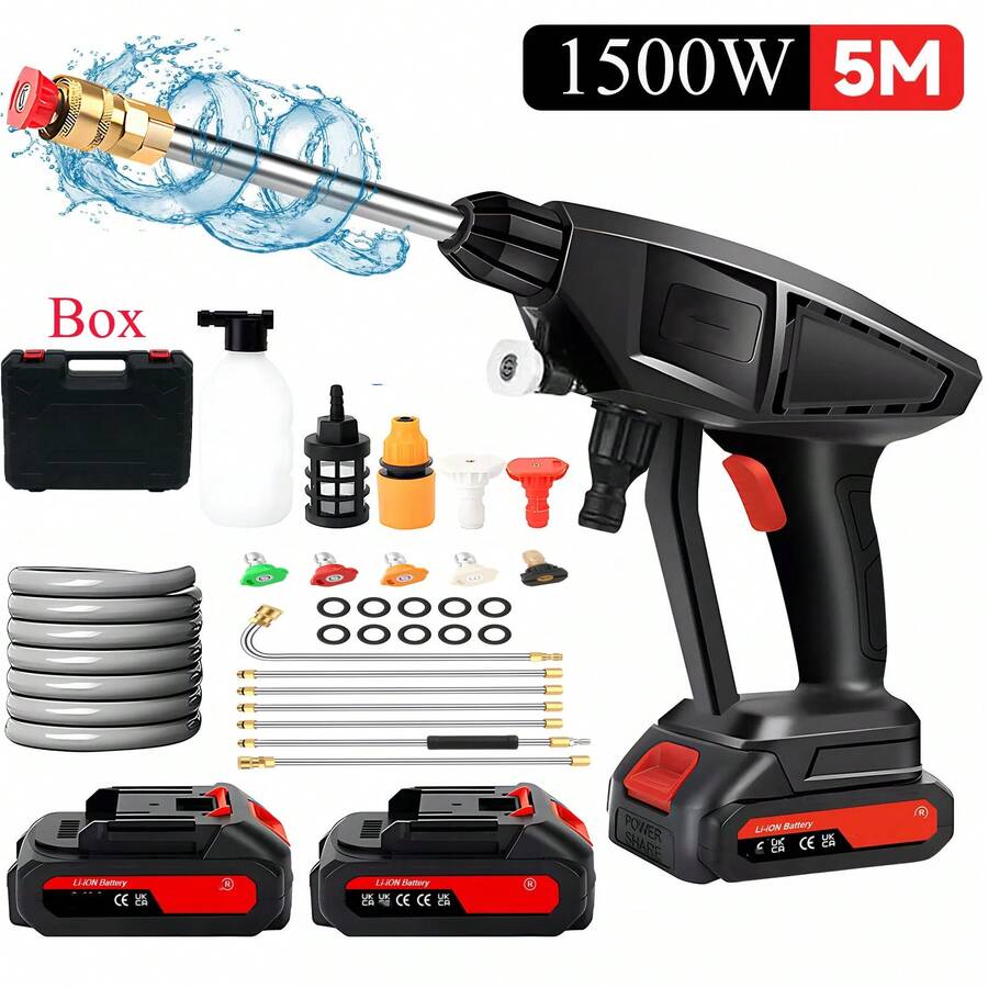 Lightweight 24V Wireless High Pressure Car Washer Gun,Battery Operated Jet Cleaner All-Source Water Suction, Dual Spray Modes Complete Accessory Kit W/4000PSI Pressure Washer Extension Wand Set 7 Sections Adjustable Stainless Steel Power Washer Lance - Black - View 1