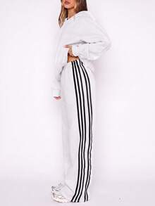 Women Wide Leg Sweatpants Grey, Casual Commute Drawstring Waist Long Pants, Autumn - Grey - View 8