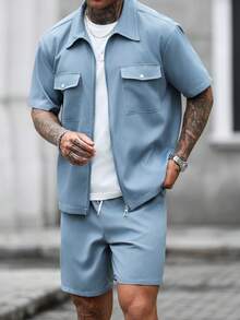 Men's Casual Solid Color Zipper Placket Pocket Shirt And Shorts Set - Dusty Blue - View 5