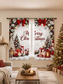 2pcs Christmas Theme Decorative Curtains, Minimalist Luxury European Style Christmas Print Curtains - Red Bow Christmas Tree Christmas Pattern, 100% Polyester Light Filtering Rod Pocket Curtains, Suitable For Living Room And Bedroom, Rod Not Included, Living Room Christmas Curtains, Holiday Window Decor - Multicolor - View 8