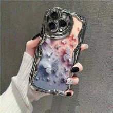 1件裝美學粉色蝴蝶字母圖案彩繪新款時尚電鍍水滴波紋TPU防震手機殼，適用於Apple XS/XS Max/XR/11/12/13/14/14 Plus/15/15 Plus/16/16 Plus/7/8 Plus保護殼 - 彩色 - 查看 4