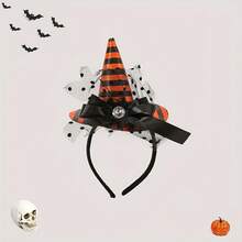 1pc Halloween Theme Black Polka Dot Mesh Striped Ribbon Bow, With Diamond-Tipped Witch Hat Headband, Suitable For Party Celebration And Costume Performance - Witch Hat Styles - View 6