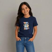 Camiseta Infantil Manga Curta Menina Estampada Mini Raposa Elegantes Colorido Confortável 100% Algodão Leve Gola Redonda Estilosa - Azul Marinho - Visão 1