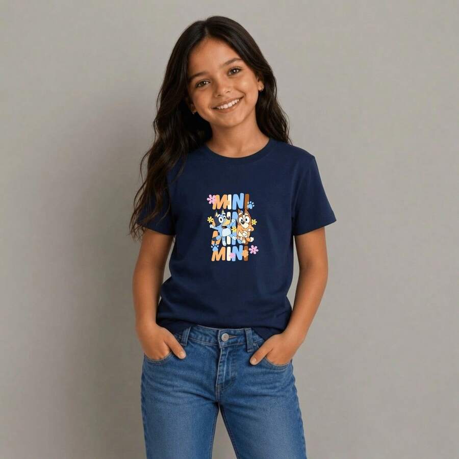 Camiseta Infantil Manga Curta Menina Estampada Mini Raposa Elegantes Colorido Confortável 100% Algodão Leve Gola Redonda Estilosa - Azul Marinho - Visão 1