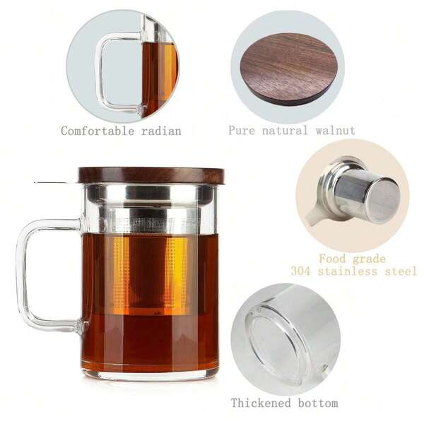 14 盎司/400 毫升玻璃茶杯，配胡桃木盖和手柄，超大容量散叶茶浸泡杯