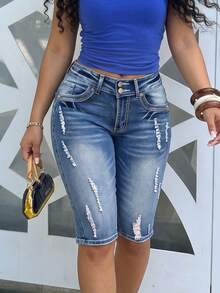 Sexy Fitted Women's Denim Bermuda Shorts With Button And Distressed Design, Casual Everyday Versatile Mid-Length Shorts - Dark Wash - View 2