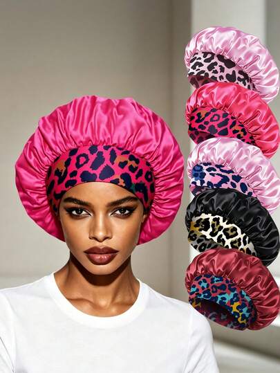 1pc Leopard Print Wide Band Satin Bonnet For Woman, Elastic Silky Sleep Cap, Night Hair Care Hat For Curly Braids Long Hair Women