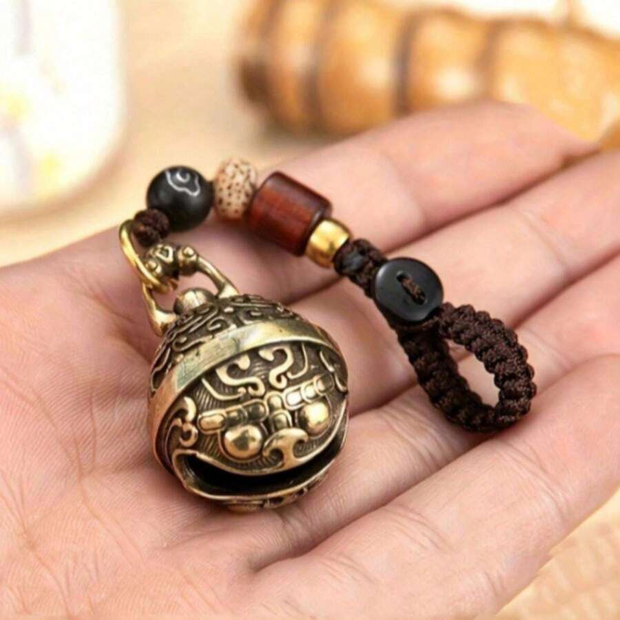 2pcs Brass Copper Bell Lion Dragon Small Bell Pendant, Keychain Ring Hanging Rope, For Men - Multicolor - View 1