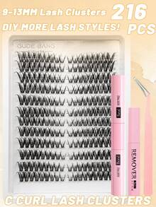 216pcs D Curl Lash Cluster Set, Suitable For Beginners, Soft Lashes Can Create Cat Eye And Fox Eye Makeup Effect, Long-Lasting Curl All Day, Natural And Voluminous For Photos, Suitable For Daily, Wedding, Party And Holiday Makeup - Black - View 1