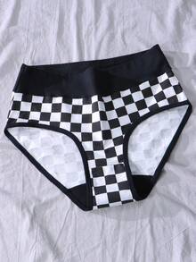 1pc Women's Mid-Waist Pure Cotton Comfortable Breathable Plaid Triangle Panties - Black - View 1