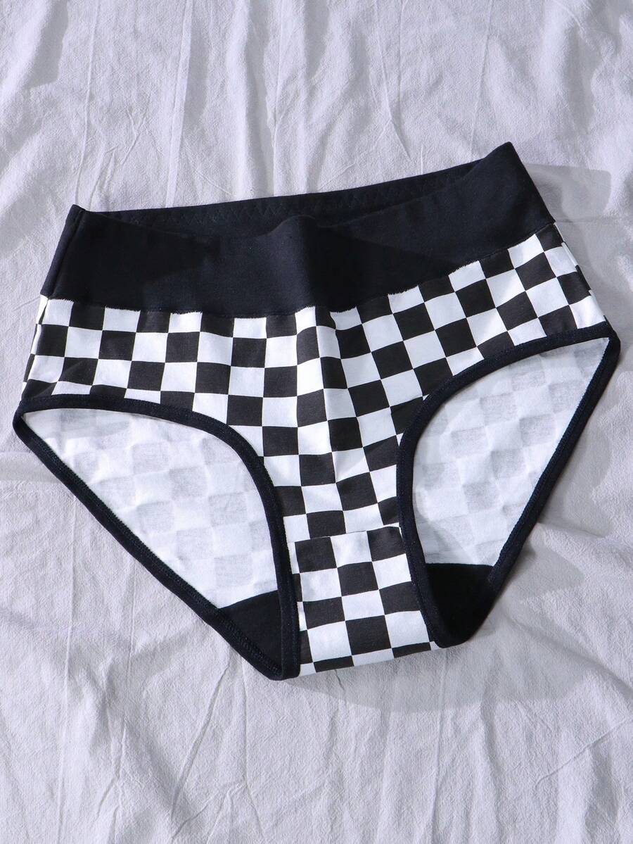 1pc Women's Mid-Waist Pure Cotton Comfortable Breathable Plaid Triangle Panties - Black - View 1