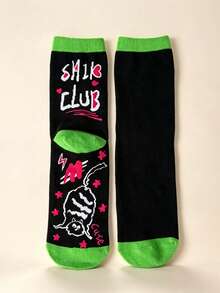 1 Pair, Multiple Style Options, Women's Fun Black Cat Pattern Crew Socks, Vintage Street Style Letter Print Mid-Calf Socks, Y2K Punk Neon Green Ankle Casual Fashion Socks, Novel Daily Wear Socks - Multicolor - View 3