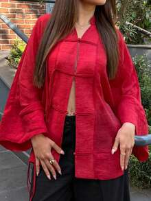 New Fashion Elegant Solid Color Women's Vintage Shirt Home Wear All Season Top Red - Red - View 2