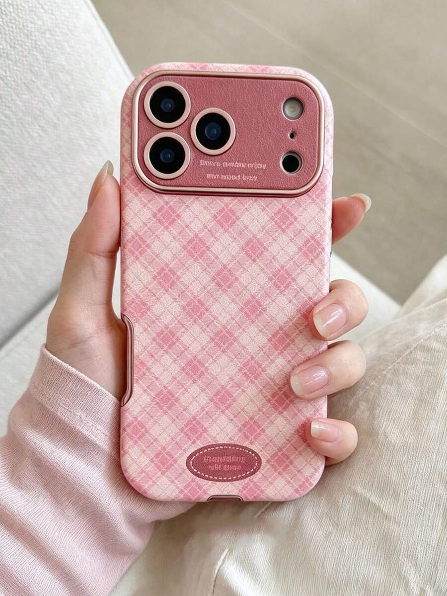 1件極簡Ins情侶格紋手機殼,適用Apple 17 Pro Max 16 Pro 13 14 Pro 15 Pro,女款全包皮革防摔軟殼 - 粉色 - 查看 1