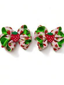 2pcs Strawberry Print Ribbon Bow Hair Clips With Lemon Slice Decor, Fresh Summer Daily Hair Accessories For Girls - Multicolor - View 5