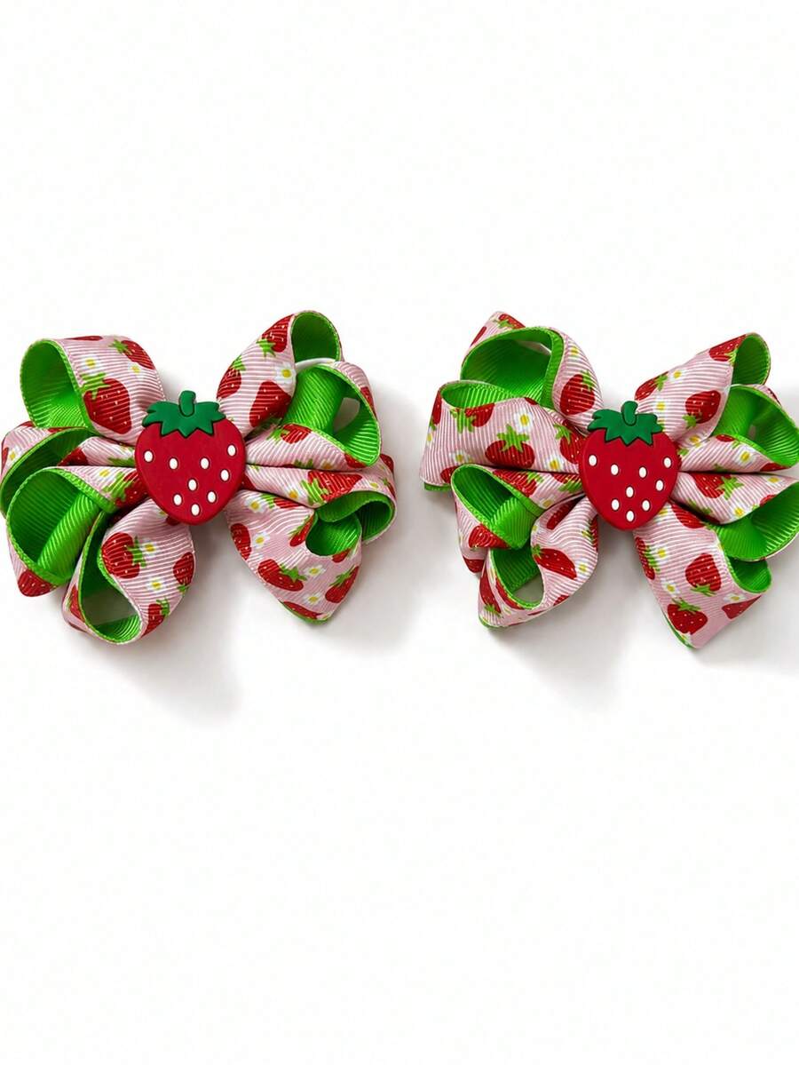2pcs Strawberry Print Ribbon Bow Hair Clips With Lemon Slice Decor, Fresh Summer Daily Hair Accessories For Girls - Multicolor - View 1
