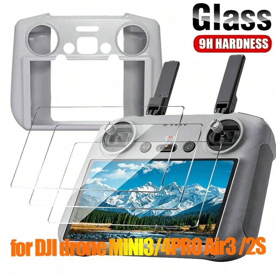 4合1，3片螢幕保護貼 + 1個矽膠保護殼，相容於 Mini 5/4 Pro、Mini 3 Pro/Air 3/Air 2S 系列 RC2 遙控器，攝影愛好者度假必備配件