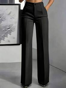 Pantalones casuales de primavera de unicolor con bolsillo y botón para mujer de talla grande, color negro - Negro - Ver 2