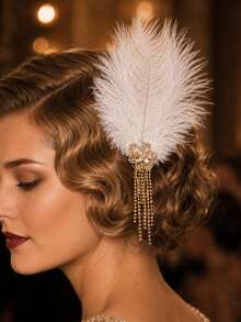 1pc Vintage Gatsby Party Evening Feather Hair Clip Comb, Rhinestone Tassel Decorated Hair Pin, Women's Party Costume Headpiece - FJ2924 - View 3