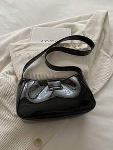 1pc Black Solid Color PU Baguette Shoulder Bag For Women - Black - View 5