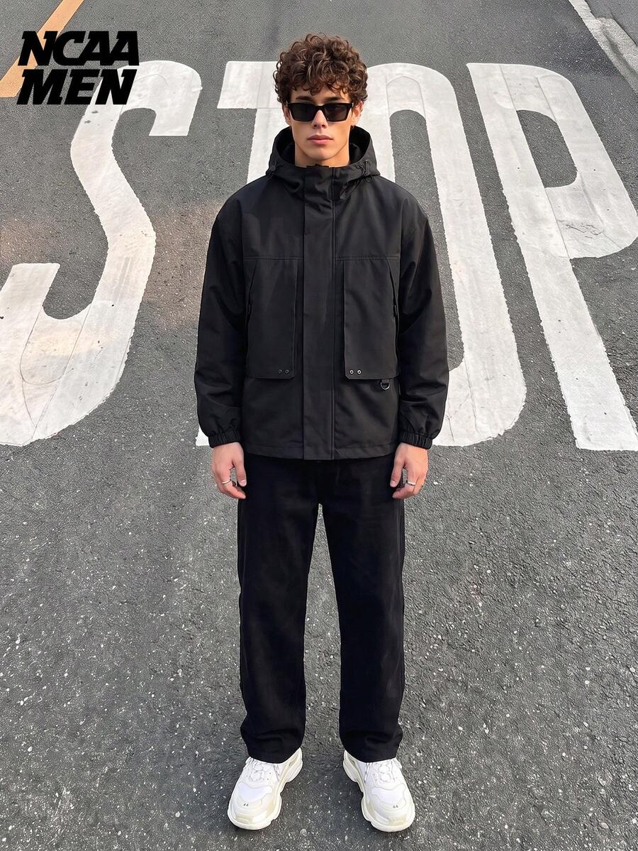 Spring/Autumn Unisex Functional Hooded Windbreaker Jacket, Outdoor Workwear Loose Fit With Large Pockets, Hiking Couple Top - Black - View 1